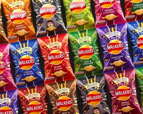 Walkers rebrand on Packaging of the World - Creative Package Design Gallery British Snacks, Walkers Crisps, Nostalgia Childhood, Prawn Cocktail, Roasted Onions, Different Shades Of Red, Potato Crisps, Key Visual, Design 2023