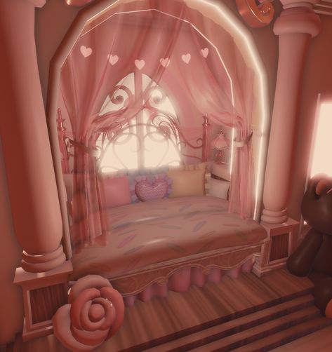 Pink Coquette Bloxburg House, Soft Royale High Outfits, Royale High Dorm Bed Ideas, Royale High Desk Ideas, Kuromi Decal Codes, Dorm Inspo Royale High, Royale High Bedroom Ideas, Royal High Dorm Layout, Royal High Room Ideas