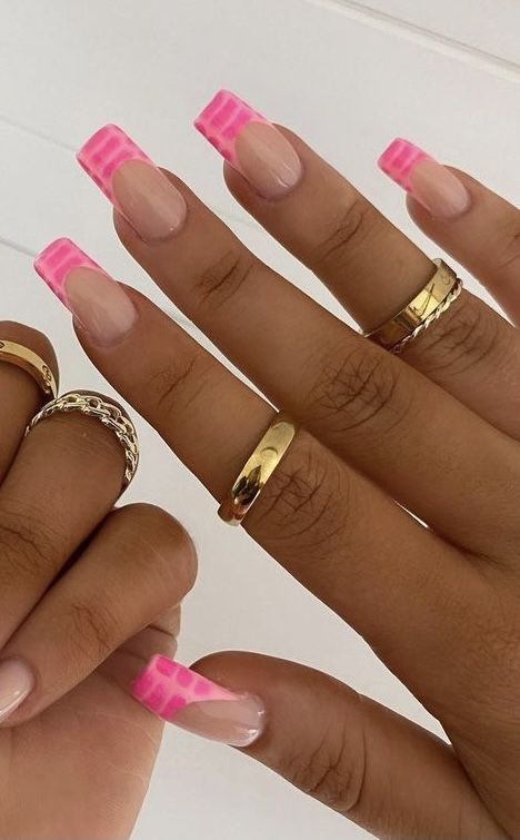 Multicolored French Tip Nails Almond, Coffin Nails Inspo Summer, Fun Nail Inspo Coffin, Summer Nails Inspo French Tip, Holiday Acrylics Summer, Cute Bright Nails Acrylic, Vibrant Summer Nails French Tip, Pink French Tip Design Nails, Summer Nail Inspo French Tip Square