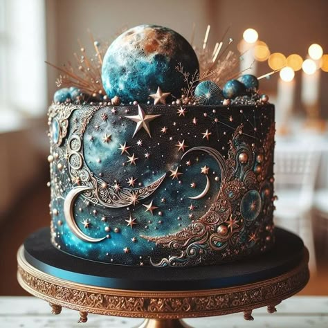 Moon Stars Cake Birthday, Pagan Cake Ideas, Space Wedding Cake, Starry Cake, Astrology Cake, Themed Cake Ideas, Modern Gift Wrap, Planet Cake, Homemade Recipe Books