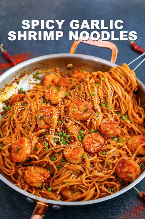 Quick Spicy Garlic Shrimp Noodles Recipe & Video - Seonkyoung Longest Garlic Shrimp Noodles, Taiwanese Fried Chicken Recipe, Shrimp Noodles Recipes, Chef Bae, Spicy Miso Ramen Recipe, Simple Food Recipes, Doenjang Recipe, Riblets Recipe, Spicy Garlic Shrimp