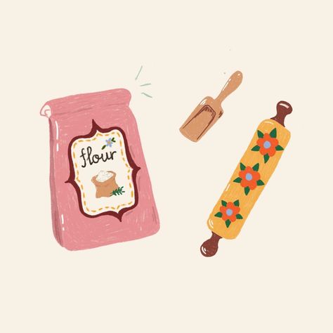 @alice_cottage on Instagram: “Baking stuff pack 🧁🍰. The flour one is definitely my fav 💁🏻‍♀️ #wheninitalia🇮🇹 #stickers #stickerart #stickeraddict #bujoinspiration…” Flour Drawing, Flour Illustration, Spring Colouring, Baking Illustration, Foodie Illustration, Cottage Core Spring, Clean Vibes, Spring Core, Recipe Poster