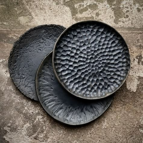 plates 20 cm d stoneware, handcarved and glazed with black satin… | Instagram Textured Plates Ceramics, Unique Dinner Plates, Black Ceramics Pottery, Carved Plate Ceramic, Black Clay Plates, Black Ceramic Plates, Handmade Plates Pottery, Texture On Pottery, Homemade Ceramic Plates