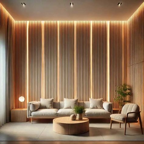 18 Natural Wood Slat Wall Accents That Elevate Your Living Room Slated Wall Accent, Wood Strips On Walls, Wooden Slat Wall Interiors, Wooden Fluted Panel, Slat Wall With Shelves, Wall Slats Decor, Wood Wall Interior, Slatted Walls, Slat Walls