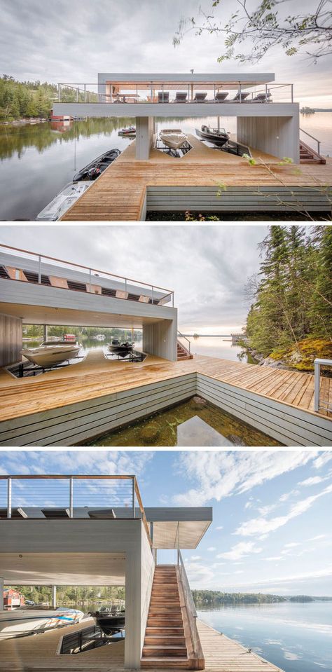 Deck Overlooking Lake, Dock House Boathouse, Dock Design Architecture Water, Lakefront Development Architecture, 2 Story Boat Dock, Boathouse Design, Lake Dock, Lakefront Living, Commercial And Office Architecture