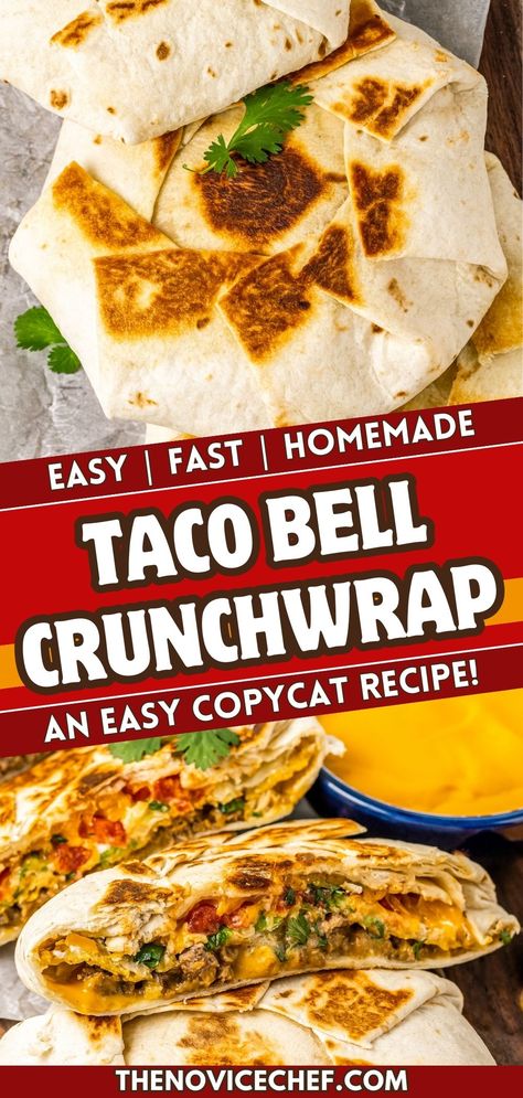 With this Taco Bell copycat recipe, you can enjoy a homemade crunchwrap supreme that is even better than the original! With seasoned ground beef, nacho cheese, lettuce, tomatoes, sour cream, and a crunchy tostada shell, this handheld dinner has everything you could want. Taco Bell Copycat Crunchwrap Supreme, Taco Bell Sour Cream, Taco Bell Crunchwrap Supreme Recipe, Yummy Taco Recipes, Toco Bell Crunch Wrap, Taco Bell Stacker Recipe, Taco Bell Crunch Wrap Supreme Recipe, Crunchy Wrap Supreme Recipe, Homemade Taco Bell Crunch Wrap