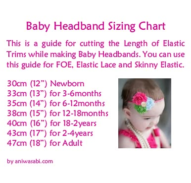 Ani Wasabi Craft Supplies: Elastic Trims FOE Elastic Headband Size Chart, Newborn Headband Size, Crochet Headband Sizes, Baby Headband Sizes, Make Baby Headbands, Diy Baby Bows, Headband Sizes, Pola Topi, Diy Baby Headbands