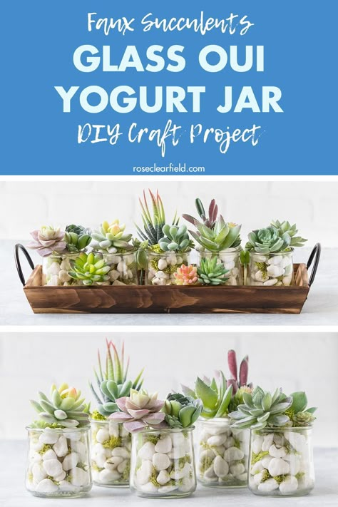 An easy DIY tutorial for faux succulents using upcycled glass Oui yogurt jars! A simple home decor craft project for any budget. The perfect gift idea. #DIY #upcycled #homedecor #fauxsucculents Recycling Jars Ideas, Upcycle Yogurt Jars, Small Plastic Jar Crafts, Oui Jar Terrarium, House Shelves Decor, Upcycled Oui Yogurt Jars, Uses For Oui Jars, Cute Jar Decorating Ideas, What To Do With Glass Yogurt Jars