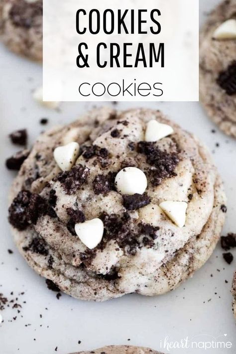 Cookies and cream cookies are soft and chewy with every bite having the perfect amount of white chocolate chips and crushed Oreos. #cookies #cookiesandcream #cookierecipes #homemade #oreos #chocolate… Oreos Cookies, Cookies And Cream Cookies, Homemade Oreos, Oreo Cream, Homemade Chocolate Chips, Cookie Recipes Unique, I Heart Naptime, Cream Cookies, White Chocolate Chip Cookies