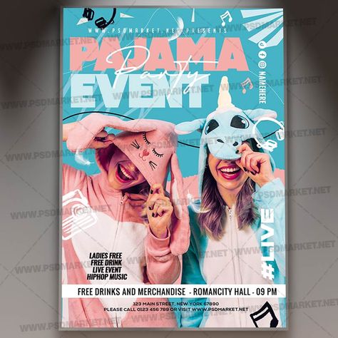 Pajama Party Event PSD Template Pijama Party, Church Graphics, Club Flyers, Pajama Party, Party Flyer, Top Design, Party Night, Party Event, Psd Templates