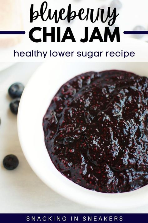 A bowl of blueberry chia jam next to some fresh blueberries. No Bake Blueberry Chia Seed Pie, Healthy Blueberry Jam Recipe, Chia Jam Sugar Free, Jam With Chia Seeds, Low Sugar Jam Recipes, Blueberry Chia Seed Jam, Low Sugar Jam, Chia Seed Jam, Chia Jam