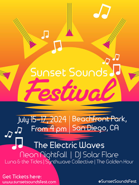 Sunset Sounds Festival Poster  #musicfestival #graphicdesign #posterdesign #posterdesigninspiration #posterinspiration #energetic #fun #summery #beachfestival #beachmusicfestival #guitars #music #graphicdesigninspiration #vibrantcolours #indierock #outdoorfestival #electronic #pop Pop Music Festival Poster, Music Festival Poster, Beach Festival, Festival Poster, Poster Design Inspiration, Festival Posters, Indie Rock, Pop Music, Graphic Design Inspiration