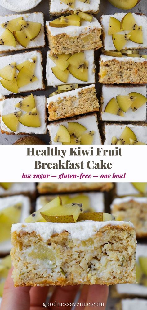 The most delicious kiwi fruit cake made made with nutritious ingredients like almond meal, wholegrain oats and sneaky zucchini. A healthy and easy oatmeal breakfast cake topped with a greek yoghurt frosting using kiwi fruit! Recipes Using Kiwi, Kiwi Bread, Recipes With Kiwi, Kiwi Desserts, Kiwi Breakfast Ideas, Kiwi Recipes Dessert, Oatmeal Breakfast Cake, Kiwi Fruit Cake, Easy Oatmeal Breakfast