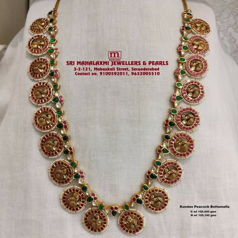 Light Weight Bottu Mala Designs, Botu Mala Gold Necklace, Bottu Haram Designs, Kempula Haram Designs, Kundan Bottu Mala, Bottu Mala Jewellery Designs, Bottumala Designs, Nakshi Haram Designs, Bottu Mala Designs