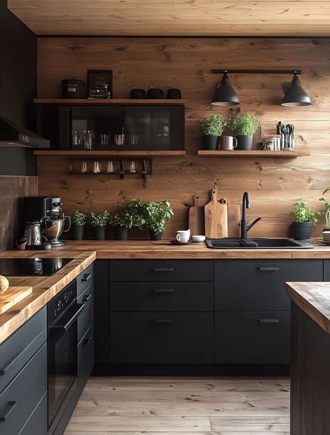 Butcher Block Countertop Black Cabinets, Male Kitchen Ideas, Dark Stained Wood Kitchen Cabinets, Kitchen Black Cabinets Wood Counter, Black Kitchen With Butcher Block, Dark Wood And Black Kitchen, Black Kitchen Butcher Block Counter, Handmade Kitchen Cabinets, Dark Ceiling Kitchen