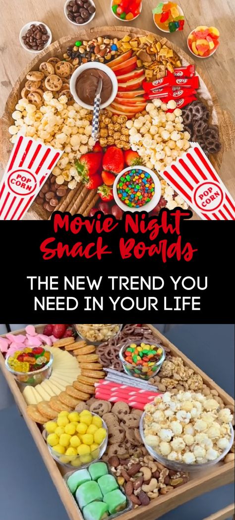 Movie Dessert Ideas, Kids Snack Board Ideas, Movie Night Snack Bar Ideas, Movie Night Snack Board Ideas, Movie Night Snack Ideas For Adults, Game Night Charcuterie Board Ideas, Movie Night Menu Food Party Ideas, Movie Night Grazing Board, Movie Night Board Ideas