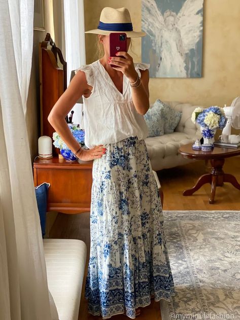 How to wear florals with a linen ruffle blouse & maxi skirt . . . #ootd #wiw #lotd #over40 #over40fashion #fashion #midlifestyle #over40style #midlife #whattowear #howtostyle #style #stylingtips #summerstyle #looksforsummer #summerfashion #whattowearinsummer #summerstylingtips #summerlooks #ideasonwhattowearinsummer Blue And White Floral Skirt Outfit, Blue And White Maxi Skirt Outfit, Long Skirt Outfits 2024, White Maxi Skirt Outfit, Long Skirt Outfits For Summer, Blue Skirt Outfits, Floral Skirt Outfits, Skirt Ootd, Fashion Over 50 Fifty Not Frumpy