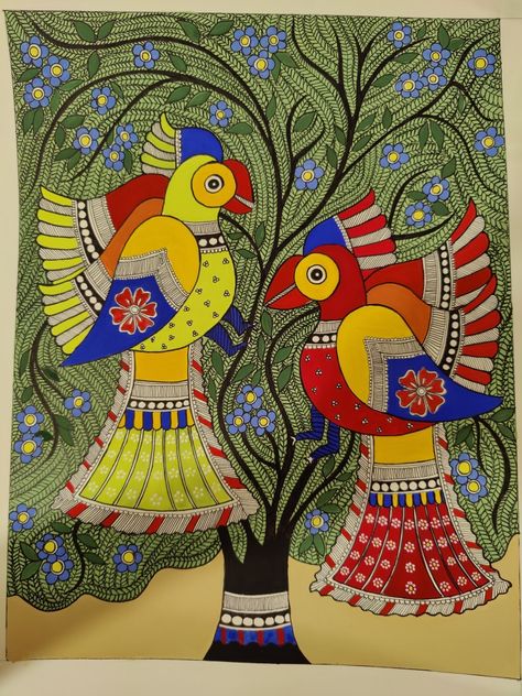 Madhubani Painting Parrot, Phad Painting Motifs, Indian Artforms, Madhubani Birds, Traditional Madhubani Art, Madhubani Drawing, Madhubani Motifs, Madhubani Paintings Peacock, Phad Painting