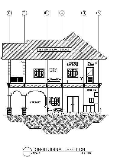 Longitudinal section details of the G+1 house AutoCAD DWG drawing file is provided. Download the AutoCAD 2D DWG file. - Cadbull Longitudinal Section, Section Drawing, Metal Stairs, Architect Design House, Drawing Block, Autocad Drawing, Detailed Drawings, Home Design Plans, Plan Design