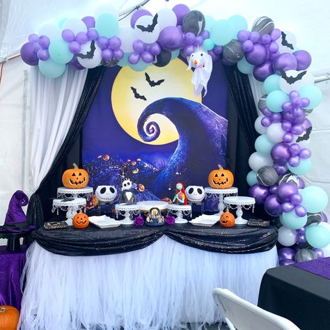 Cake table set up for a 2nd Birthday. Jack and Sally decor. Balloon garland with deep purple and mint green balloons Nightmare Before Christmas Balloon Decor, Jack And Sally Decorations, Jack And Sally Party Ideas, Jack And Sally Birthday Party Ideas, Night Before Christmas Birthday Party, Jack And Sally Baby Shower Ideas, Nightmare Before Christmas 2nd Birthday, Jack And Sally Gender Reveal, Jack And Sally Birthday Party