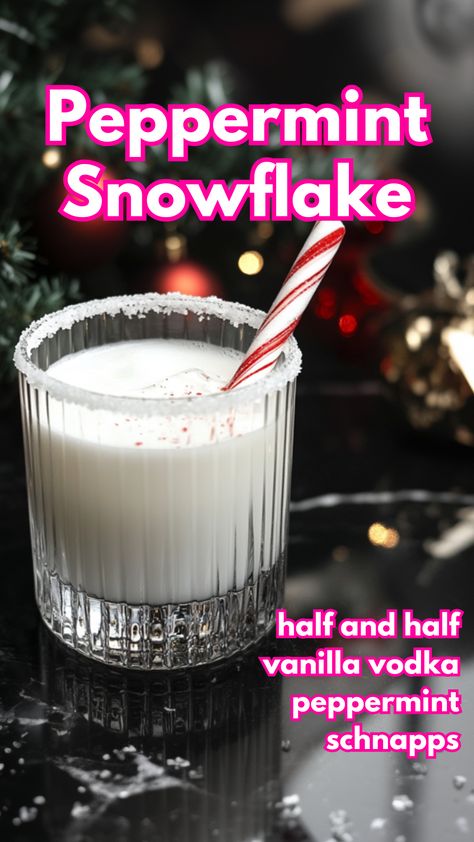 The+Peppermint+Snowflake+Cocktail+is+a+smooth,+creamy+drink+that’s+perfect+for+the+holiday+season.+With+a+blend+of+vanilla+vodka,+half+and+half,+and+peppermint+schnapps,+this+cocktail+is+a+wintery+delight.+A+sugared+rim+and+a+peppermint+stick+garnish+add+a+frosty,+festive+touch+that’s+sure+to+impress.  #peppermintsnowflakecocktail+#peppermintcocktails+#christmasdrinks+via+@mybartender Peppermint Schnapps Recipes, Peppermint Mudslide, Peppermint Schnapps Drinks, Christmas Shots Alcohol, Peppermint Cocktails, Vanilla Vodka Drinks, Snowflake Cocktail, Crockpot Drinks, Peppermint Cocktail