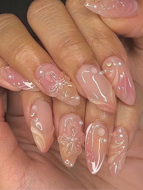 Upgrade Your Look With 24pcs Almond-Shaped Sweet Flower Pearl 3D Sculpted Waves Nail Art Set, Suitable For Women And GirlsI discovered amazing products on SHEIN.com, come check them out! Wave Nails, Nail Art 3d, Korean Nail Art, Easy Nails, Nail Art Set, Almond Nails Designs, Vacation Nails, Opi Nail Lacquer, Opi Nails