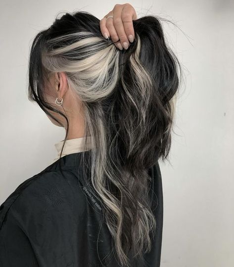 Ash Grey Underlights, Balayage White Hair, Dark Brown Hair With Platinum Underneath, Long Hair Frosted Tips, Dark With Silver Highlights, Peekaboo Bleached Hair, Silver And Black Hair Color, Peekaboo Hair Ponytail, Skunk Hair Subtle