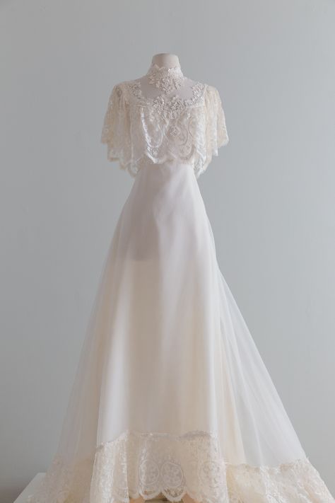 Vintage 70s Wedding Dress - Dreamy 1970s Romantic Wedding Gown With High Neck Scalloped Lace Sleeves and Trim // Waist 26 70s Lace Wedding Dress, Late 70s Wedding Dress, Wedding Dress 70s, Vintage Long Sleeve Wedding Dress, Philippine Wedding Dress, 70s High Neck Wedding Dress, Wedding Dress High Neckline, 1970s Fitted Wedding Dress, Vintage Wedding Dress 1970s