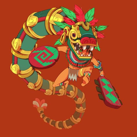 Aztec Style Art, Aztec Dragon, Aztec Animals, Aztec Oc Art, Aztec Face Paint, Aztec Inspired Art, Aztec Warrior Art, Aztec Illustration, Aztec Character Design