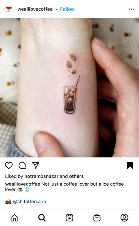 Cute Coffee Tattoo Ideas, Tea And Coffee Tattoo Matching, Ice Coffee Tattoo Ideas, Ice Coffee Tattoo, Tiny Coffee Cup Tattoo, Iced Coffee Tattoo, Coffee Lover Tattoo, Tea Tattoo, Coffee Tattoos