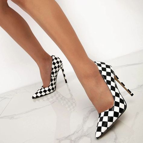 Step onto the party scene with our Black & White Checkered Pattern Heels! 🏁👠 These pointed party pumps are more than just shoes; they're a symbol of your unique style and fashion-forward spirit. Elevate your party attire with a touch of pattern and a dash of chic flair! 💃 Black And White Heels, Black White Checkered, Party Pumps, Checkered Design, White Heels, Pumps Shoes, Stiletto Pumps, Toe Shoes, Court Shoes