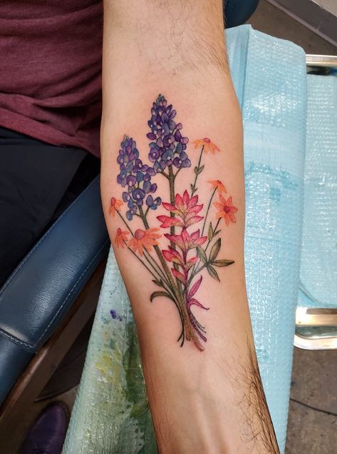 Indian Paint Brush Flower Tattoo, Bluebonnet Indian Paintbrush Tattoo, Texas State Flower Tattoo, Texas Wildflower Bouquet Tattoo, Bluebonnet And Indian Paintbrush Tattoo, Indian Paint Brush Tattoo, Indian Blanket Flower Tattoo, Texas Flower Tattoo, Texas Wildflower Tattoo