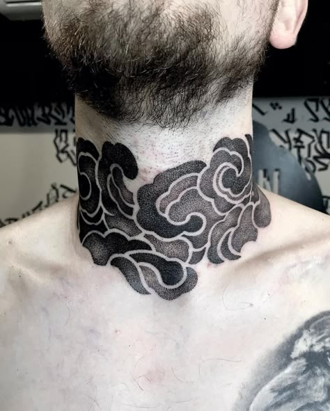 Cloud Tattoo Neck, Neck Japanese Tattoo, Neck Tattoo Snake, Cloud Neck Tattoo, Neck Sleeve Tattoo Men, Neck Tattoo Japanese, Blackwork Neck Tattoo, Blackout Neck Tattoo, Neck Sleeve Tattoo