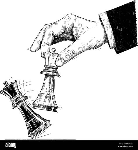 Download this stock vector: Vector Artistic Drawing Illustration of Hand Holding Chess King and Knocking Down Checkmate. - MNP5KA from Alamy's library of millions of high resolution stock photos, illustrations and vectors. Chess Game Drawing, People Playing Chess Drawing, Chess Pieces Illustration, Chess Pieces Sketch, Chess Drawing Illustrations, Chess King Drawing, Chess Aesthetic Drawing, Hand Holding Chess Piece, Chess Art Illustration