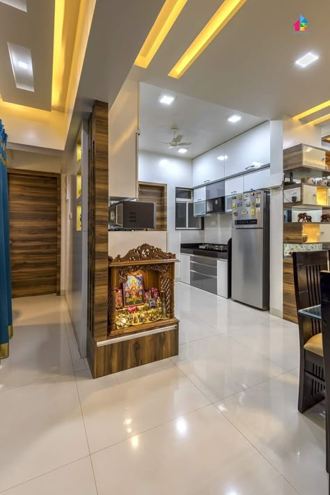 Devghar Design In Kitchen, Puja Room In Kitchen, Small Mandir Interior Design, Pooja Room In Dining Area, Kitchen With Pooja Room, Devghar Design Small In Kitchen, Kitchen With Pooja Room Design, Mandir In Kitchen, Pooja Room In Kitchen Ideas