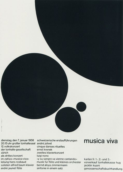 3. Zurich Tonhalle. musica viva. Concert poster, 1958 Joseph Muller, International Typographic Style, Armin Hofmann, Graphic Design Style, Graphisches Design, 타이포그래피 포스터 디자인, Swiss Design, White Poster, Typographic Poster