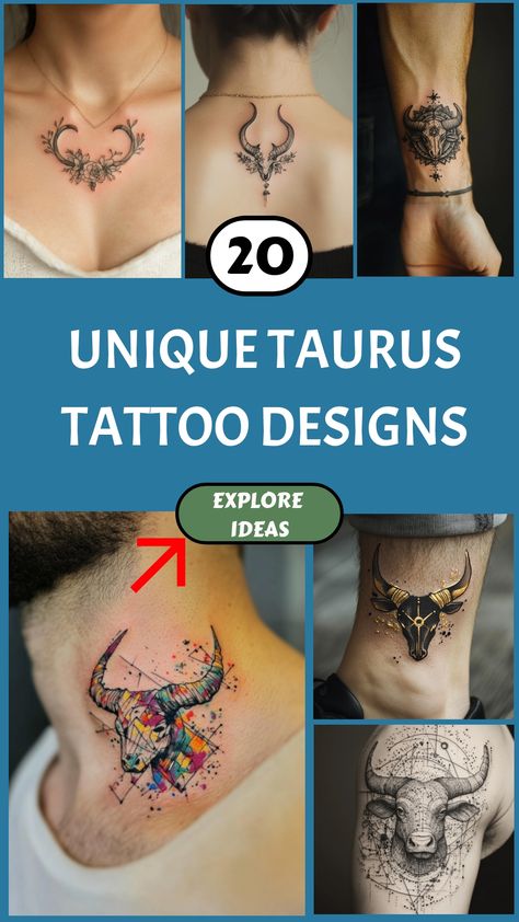 Collage of creative Taurus tattoos, including geometric, floral, and constellation designs. Taurus Constellation Piercing, Taurus Tattoo Behind Ear, Tattoo Zodiac Taurus, Taurus Goddess Tattoos For Women, Astrology Tattoo Taurus, Taurus Astrology Tattoo, Taurus Bull Tattoo, Taurus Tattoo Design, Taurus Tattoo Ideas