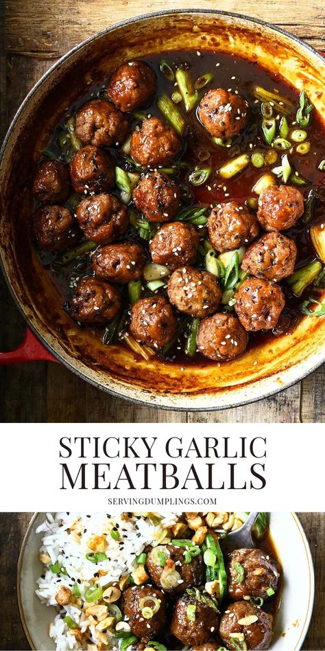 Sticky Garlic Sesame Meatballs Roasted Garlic Meatballs, Baked Asian Meatballs, Meatball Stir Fry Recipes, Soy Sauce Meatballs, Asian Zing Meatballs, Ground Pork Meatball Recipes, Asian Meatballs And Rice, Dumpling Meatballs, Ground Beef Meatball Recipes