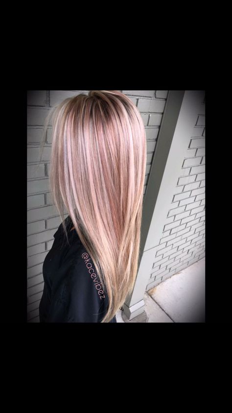 Blonde And Rose Gold Hair, Rose Gold And Blonde Highlights, Rose Gold And Blonde Hair, Blonde With Rose Gold Highlights, Rose Gold Highlights Blonde, Pink Hair Highlights, Rose Gold Blonde, Blonde Foils, Rose Gold Highlights