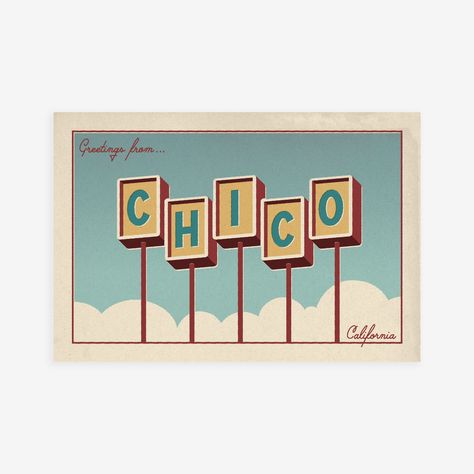 Specs Size: Paper Designed in Chico, California Retro Postcards Illustrations, Greetings From Postcard Design, Aesthetic Post Cards, Postcard Design Ideas Creative, Vintage Postcard Design, Postcards Graphic Design, Retro Postcards, Aesthetic Postcard, Travel Branding