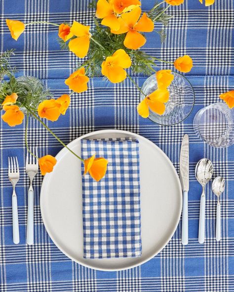 Heather Taylor Home (@heathertaylorhome) • Instagram photos and videos Gingham Tablecloth Setting, Blue Gingham Table Setting, Gingham Tablescape, Denim Napkins, French Lunch, Bday Dinner, Gingham Napkins, Summer Tablescapes, Plaid Napkins