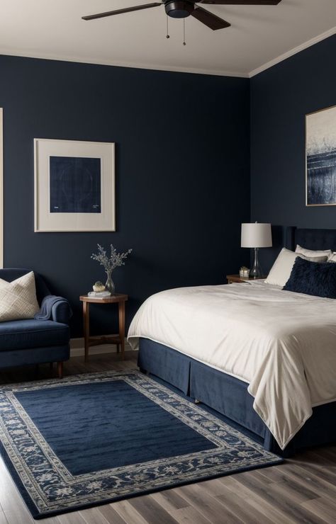 Dark Navy Room Ideas, Dark Blue Rug Bedroom, Dark Blue Accent Bedroom, Dark Wood Bedroom Furniture Color Schemes Navy Blue, Blue Toned Bedroom, Room With Blue Bed, Blue Bedroom Dark Furniture, Dark Blue Farmhouse Bedroom, Navy Blue Carpet Bedroom