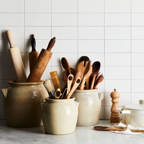 French Countryside Kitchen, French Countryside Aesthetic, French Countryside Home, Storage Box Design, Trendy Kitchen Decor, French Inspired Kitchen, Kitchen Credenza, Old Crock, Vintage Stoneware Crocks