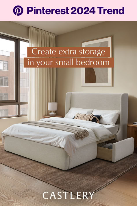 Cozy up for the perfect snooze with clutter tucked neatly out of sight. With built-in drawers, the Dalton Storage Bed is perfect for maximizing space. Castlery Dalton Storage Bed, Small Apartment Bedroom Ideas, Apartment Bed, Small Apartment Bedroom, Casita Ideas, Basement Construction, Ideas For Small Bedrooms, Apartment Bedroom Ideas, Apartment Bedding