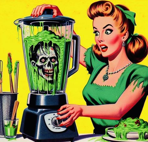 Horror Pulp Art, Horror Pinup, Horror Pop Art, Recipe Artwork, Spooky Prints, Ghoul School, Happy Halloween Pictures, Christmas Horror, Alien Aesthetic