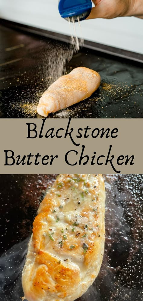 Top Photo: A Blackstone Griddle with a raw chicken breast topped with seasonings.  Bottom Photo:  A fully cooked chicken breast topped with garlic herb butter as it is cooking on a Blackstone Griddle. Blackstone Butter Chicken, Stuff To Make On The Grill, Sides To Make On Blackstone, Grilled Chicken Recipes Blackstone, Easy Griddle Meals Dinners, How To Cook Chicken On Blackstone Grill, Blackstone Griddle Sandwiches, Blackstone Chicken And Potatoes, Frozen Chicken On Blackstone