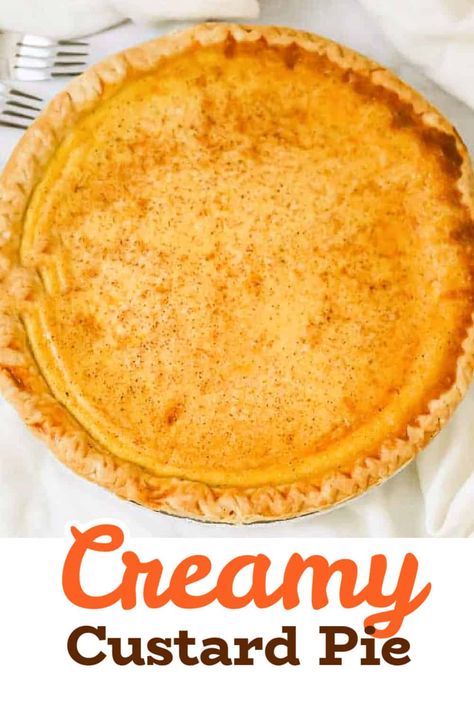 Creamy Custard Pie - This Old-Fashioned, beloved Custard Pie is so creamy, light and silky smooth.  You won't believe how quick and easy this custard is to whip it up, with just using 5 simple ingredients like cream, eggs, sugar, vanilla and nutmeg. Cinnamon Vanilla Creamy Custard Pie, Magic Crust Custard Pie Recipe, Custard Filling Recipe, Creamy Custard Pie, Custard Pie Recipe Easy, Vanilla Custard Pie, Sugar Cream Pie Recipe, Egg Custard Pie, Best Pumpkin Pie Recipe