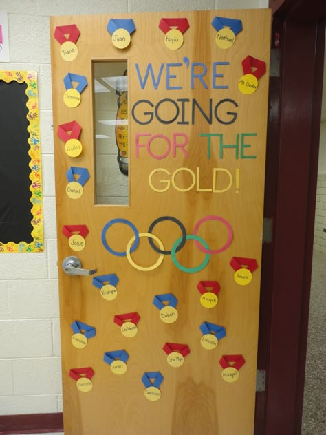 Diy Olympics Decorations, Olympics Door Decor, Olympic Theme Door Decorations, Olympic Name Tags, Go For The Gold Bulletin Board, Olympic Theme Teacher Appreciation Week, Olympics School Theme Bulletin Boards, Summer Olympics Bulletin Board Ideas, Olympics Summer Camp Theme