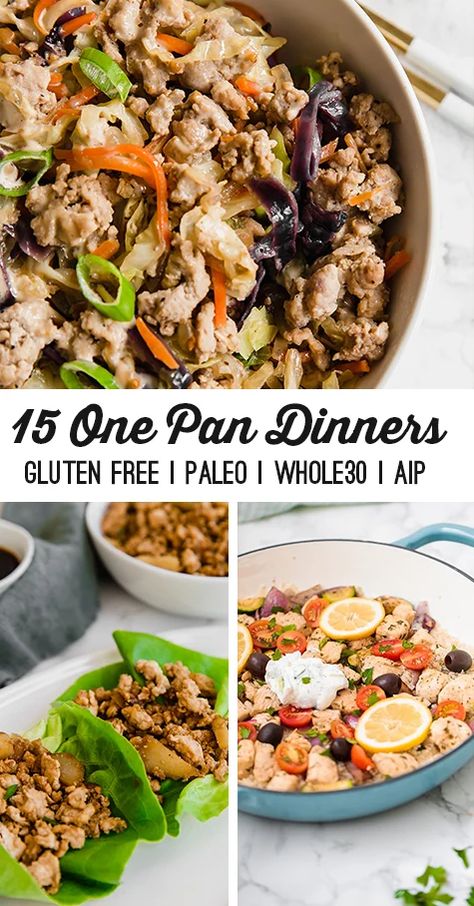 These 15 recipes are perfect for easy, no-fuss, delicious one-pan dinners! They're paleo, AIP, and many are Whole30, but they're so delicious that your family will feel like they're eating restaurant-quality meals every night! Aip One Pan Meals, Paleo Dinner For One, Aip Gluten Free Recipes, Dutch Oven Paleo Recipes, Wellness Way Recipes, Unbound Wellness Aip, Repairvite Diet Recipes, Paleo Main Dish Recipes, Whole30 Easy Recipes