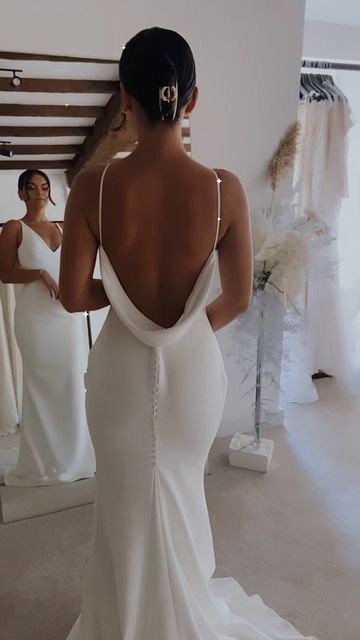 Wedding Dresses Simple Spaghetti Straps, Solid White Fitted Wedding Dress, Savin Wedding Dress, Simple Wedding Dress Satin Silk, Minimalist Wedding Dresses Backless, Satin Scoop Back Wedding Dress, Beach Wedding Dress Satin, Simple Elegant Silk Wedding Dress, Simple Silk Bridal Dress